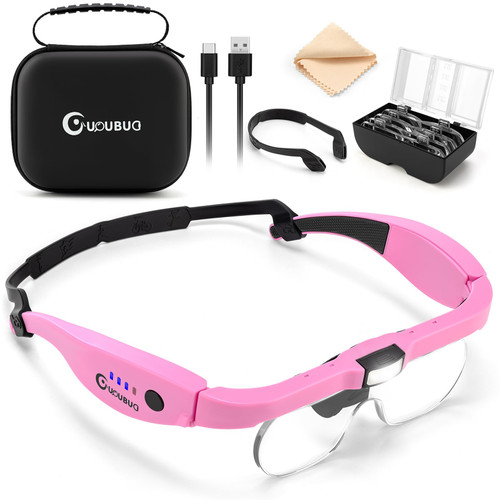 GUOUBUO Magnifying Glass with Light, 1.5X-5.0X Magnifying Glasses, Rechargeable Magnifying Headset with Light, Head Magnifier with Lenses, Carry Case, Magnifying Glasses for Close Work Crafts Jewelry