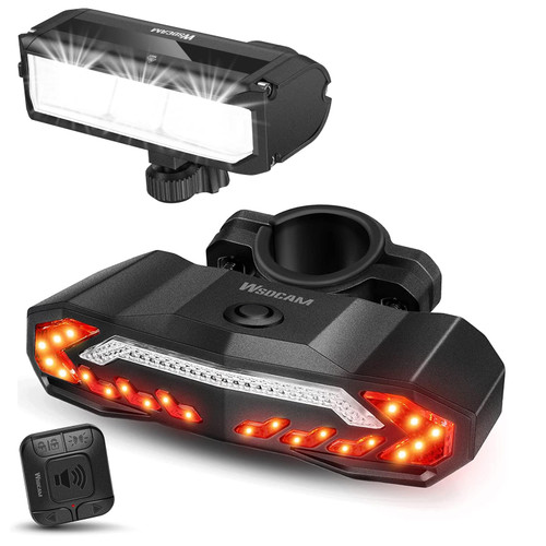 wsdcam Bike Light Set with Bike Horn Alarm, Remote Control Bike Tail Light with Turn Signals and Brake Light Bike Alarm Horn, Bike Headlight for Night Riding, Rechargeable Rear and Front Bike Light