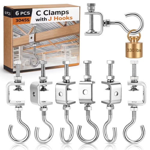 Moxweyeni 6 Sets 1 Inch 304 Stainless Steel C Clamps with J Hooks Heavy Duty I Beam Clamp with Hook 330lbs Load Capacity, Screw Threaded Hanger for Garage Ceiling Workshop Truss