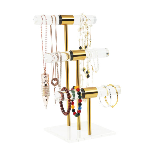 Tangle-free Bracelet Display Stands, Acrylic Jewelry Display Holder, Clear Gold Necklace Organizer with Stainless Rod, Women Men Vendors Retail Store Counter T-Bar Jewelry Hanging Stand (3 Tier)