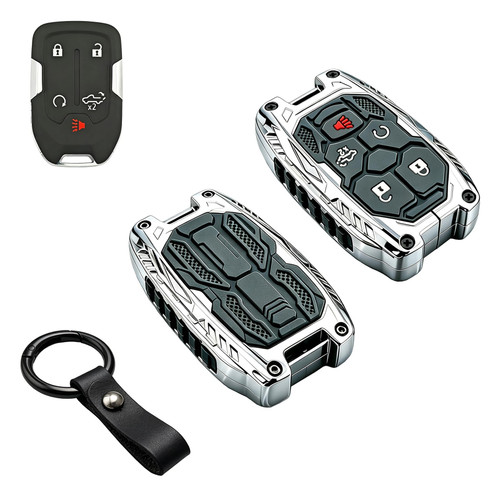 Heavy Duty Key Fob Cover Case for Chevy Silverado 2022 2021 2020 2019 and GMC Sierra 1500 2500HD 3500HD | Crack-Resistant & Sturdy | Zinc Alloy | Easy DIY Installation (Silver)