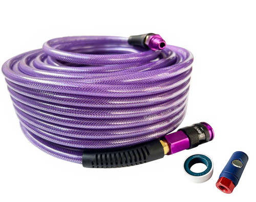 SANFU Polyurethane(PU) Air Hose 1/4-Inch x 100ft Reinforced, Lightweight Anti-Low Temperature 300PSI with 1/4” Swivel Aluminum Universal 3IN1 Coupler and Plug, 1PCS Safery Coupler, Bend Restrictor