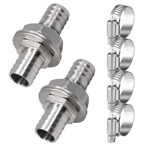 Napredak 1/2 Inch Stainless Steel Hose Barb Bulkhead Fitting for Water Fuel Air Systems with Flat Washers and Clamps (2 Pack)