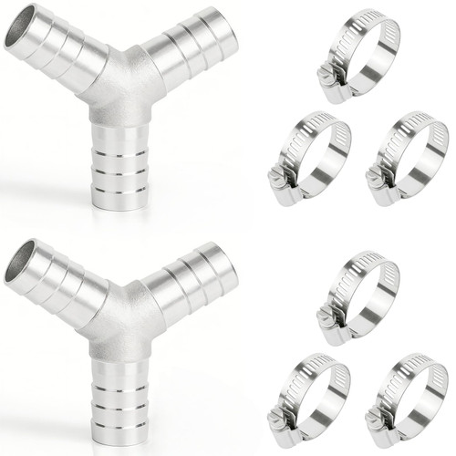 Lophtnix 2PCS Stainless Steel 304 3/8" Hose Barb Y Barbed Fitting, 3 Way Wye Adapter with 6PCS Hose Clamps