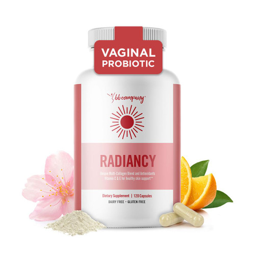 BB Company Radiancy | Vaginal Probiotics for Vaginal Dryness, pH Balance | Fights Itch, Odor | Anti-Aging | Hyaluronic Acid, Probiotics, Vitamin C, Multi Collagen | 120 Ct