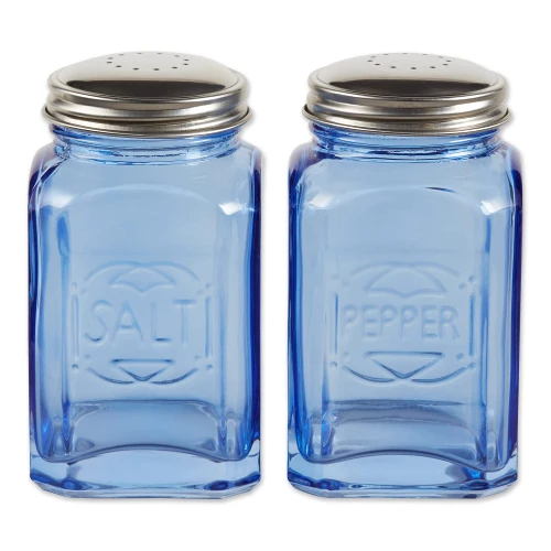 RSVP International Jumbo Retro Glass Salt & Pepper Shaker, Screw On Stainless Steel Lid, Each Shaker Holds 8 Ounces, Blue, 2.25x2.25x4.3, 2 Piece