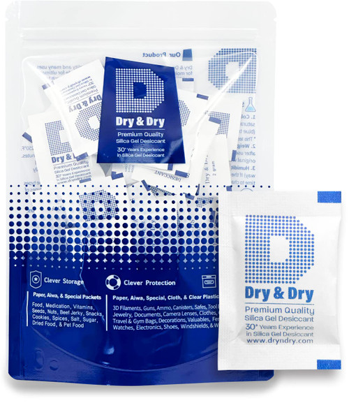 Dry & Dry 2 Gram [50 Packets] Silica Gel Packets Desiccants, Silica Packets - Rechargeable Moisture Absorbers for Food Storage, Electronics, 3D Filament & Safes