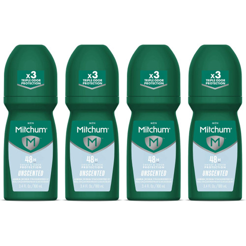 Mitchum Invisible Anti-Perspirant & Deodorant Roll-On, Unscented 3.4 oz (Pack of 4)