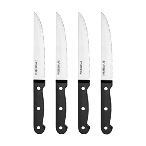 Farberware 4-Piece Full-Tang Triple Rivet 'Never Needs Sharpening' Stainless Steel Steak Knife Set, Black