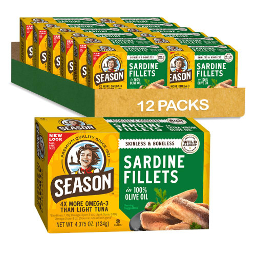 Season Sardines in Olive Oil Skinless & Boneless, 4.37 Oz Tins, 12-Pack