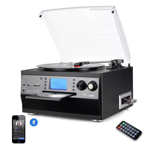 FEKTIK 10-in-1 Bluetooth Turntable with Built-in Speaker, Vinyl Record Player CD Cassette and FM Radio Combo, AUX in USB MP3 Recording Headphone Jack Compact Stereo System for Home