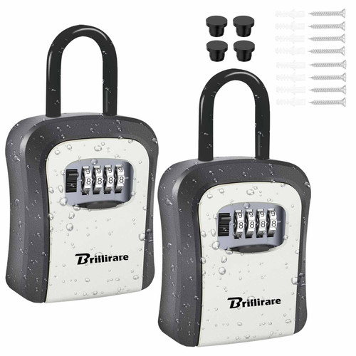 2 Pack Key Lock Box, Waterproof Metal 4 Digits Combination Lockbox with Removable Shackle, Wall Mount Resettable Key Hider, Upgraded Large Password Boxes for Car House Office Apartment Keys-Grey