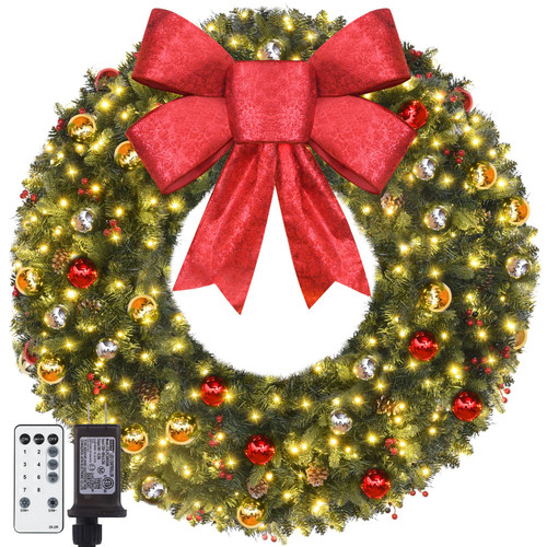 48in Pre-Lit Christmas Wreath Outdoor with 200 LED Lights – Extra Large Artificial Xmas Wreath Timerable & Dimmable with Bow, Pine Cones – 512 PVC Tips Winter Wreaths for Walls, Windows, Garages