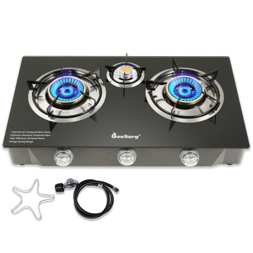 BesNerg Propane Stove 3 Burner Gas Stove 32000 BTU Auto Ignition Tempered Glass LPG Cooktop with CSA Hose for Outdoor Cooking, Emergency