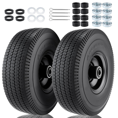 2 Pcs 4.10/3.50-4" 10 Inch Flat Free Solid Rubber Tire and Wheel with 5/8" 3/4 &1/2 Axle Bore Hole, 2.2" Offset Hub replacement for Hand Truck, Wheelbarrow, gorilla cart, Garden wagon Cart