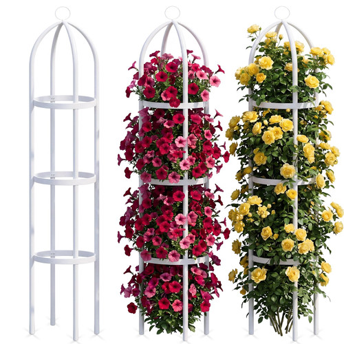 DoubleFill 3 Pack 6ft Metal Garden Obelisk Trellis for Climbing Plants Outdoor Heavy Duty Metal Plant Flower Round Obelisk Garden Trellis for Climbing Vines and Flower Stands(White)