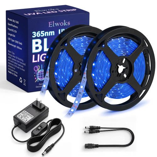 Elwoks 365nm UV Black Light Strip 33FT, Ultraviolet LED Blacklight Tape for Uranium Glass, Curio Cabinet, Resin Curing, Fluorescent Glow, Low Visible Purple