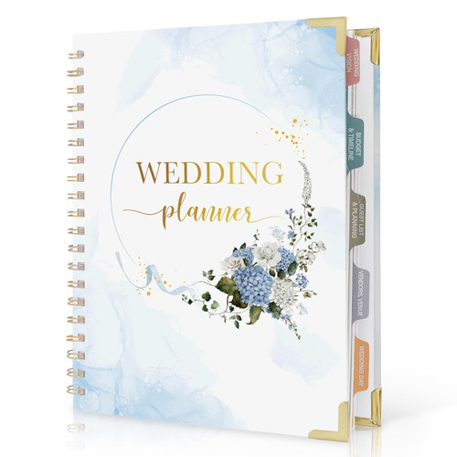 Wedding Planner Book and Organizer for the Bride, Wedding Planning Book with 5 Tabbed Sections, Pockets, Checklists, Calendars, Countdown, Metal Corner, Engagement Gifts for Couples, 8x10.8", Blue