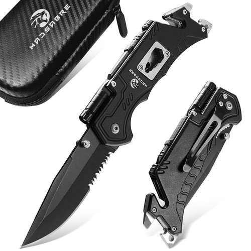 MADSABRE Multitool Pocket Knife with Clip and Case, 8-in-1 Folding Knives with Glass Breaker, Bottle Opener, Wrench, EDC Multitool Knife for Camping, Survival, Gifts for Men (Black)