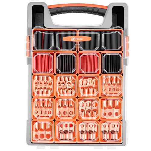 227pcs Battery Cable Ends Kit,AWG 2 4 6 8 1/0 2/0 Gauge,0 Gauge 00 Gauge Heavy Duty Wire lugs, 3/8" Ring Terminal Connectors with 3:1 Heat Shrink Tube & Storage Box