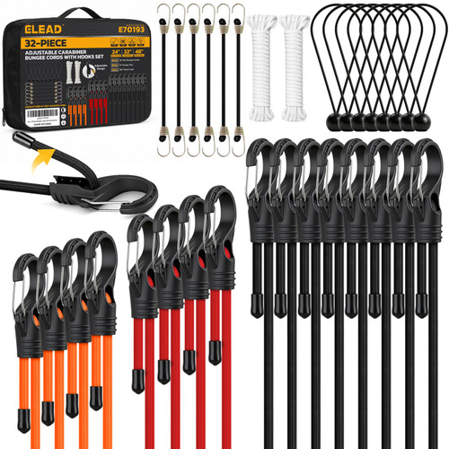 32-Piece Adjustable Bungee Cords with Hooks, 24" 32" 48" Carabiner Bungee Cords Heavy Duty Outdoor, 10" Mini Cord Straps, 8" Canopy Tarp Ball Ties, 157" Shock Cord with Storage Bag
