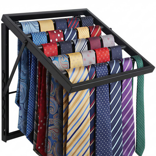 Wall Mounted Tie Rack Organizer, Metal Tie Rack Holds Up to 58 Ties, Adjustable Angle Tie Holder for Closet,Tie Organizer Wall Mounted, Suitable for Ties, Scarves and Belts Organization (Black)