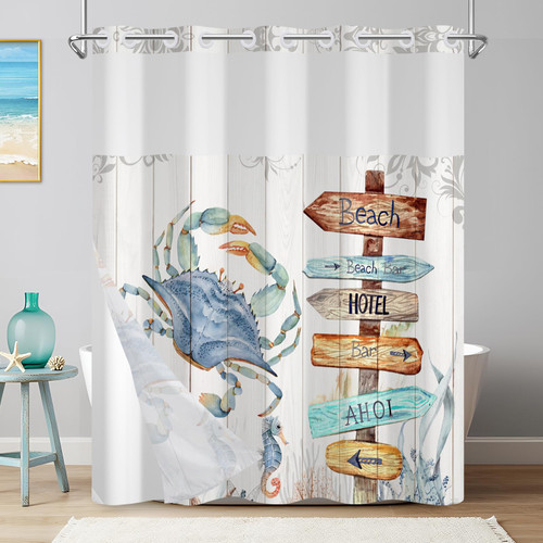 No Hook Shower Curtain with Snap in Liner, Blue Crab and Beach Sign Shower Curtain with Sheer Top Window and Weighted Hem for Bathroom, Double-Layer Waterproof Fabric Shower Curtains, 71" W x 74" L
