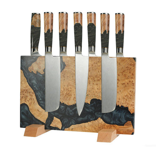 Magnetic Knife Block for Countertop, 16 Inch Handcrafted Burl Wood & Resin Display Stand, Double-Sided Magnetic Holder for Everyday Kitchen Knives, Stable No-Drill Base, Blade-Safe Magnets