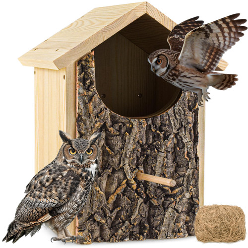 Large Owl House with Real Bark, Easy Assembly Owl Nesting Box for Outdoors