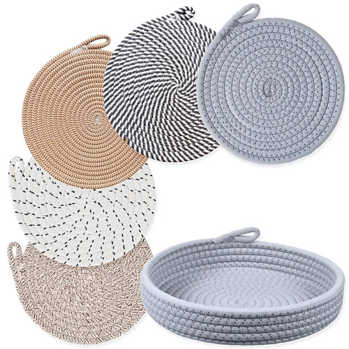 10 Inch Trivets for Hot Dishes, Hot Pots and Pans, Set of 5 with Storage Basket, Heat Resistant Cotton Hot Pads for Kitchen & Quartz Countertops, Machine Washable(Mix Gray)