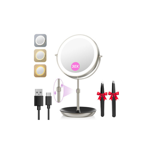 Auxmir 9" 1X/30X Lighted Makeup Mirror, Rechargeable Maginfying Mirror