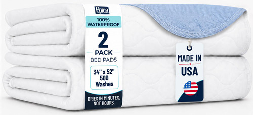 Epica Incontinence Bed Pads Washable Waterproof, 34"x52" (2 Pack), USA Made
