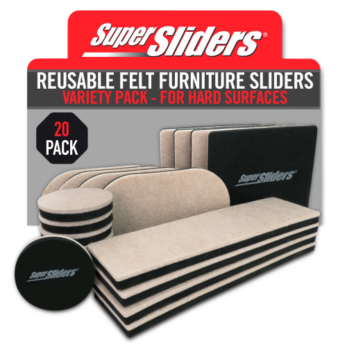Super Sliders Variety Pack of 20 Assorted Size Reusable Felt Furniture Sliders for Hard Surfaces, Anti-Slip Protective Furniture Moving Pads for Beds, Sofas, Dressers, Beige