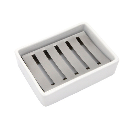 Ceramic Soap Dish Stainless Steel Soap Holder for Bathroom and Shower