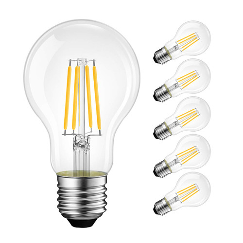 LVWIT A19 LED Vintage LED Filament Bulb E26 Base Dimmable 7W (60W Equivalent)，2700K Warm White 800 Lumens，Omnidirectional, UL-Listed, Pack of 6