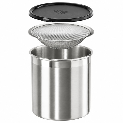Oggi Stainless Steel Jumbo Grease Container with Removable Strainer and Snug Lid. Perfect container for fryer oil, bacon drippings, lard and ghee oil. Large capacity can - 1 Gall / 4 Qt / 3.75 Lt