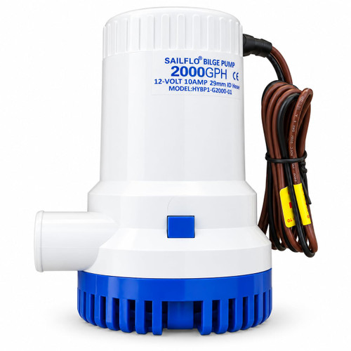 SAILFLO 2000GPH 12V Bilge Pump – Submersible Marine Boat Electric Water Pump, 1-1/8” Hose Outlet, Anti-Airlock Protection, Heavy-Duty Motor, 8A 12 Volt Low Draw