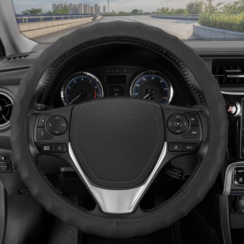 BDK Genuine Black Leather Steering Wheel Cover for Car, Large 15.5-16 inch – Ergonomic Comfort Grip for Men & Women, Car Steering Wheel Cover for Vehicles with Large Steering Wheels