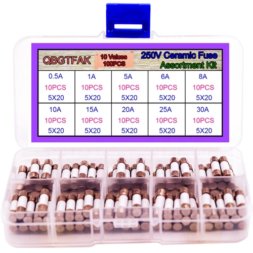 QBGTFAK 100pcs Quick Blow Ceramic Tube Fuse Assorted Kit Amp 250V 0.5A 1A 5A 6A 8A 10A 15A 20A 25A 30A 5x20mm (Ceramic Fuse 5x20mm)