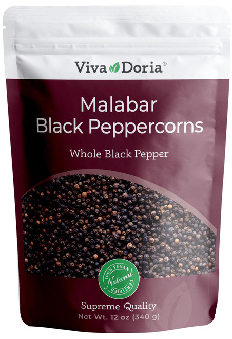 Viva Doria Malabar Black Peppercorns, Whole Black Pepper, Black Peppercorn For Grinder Refills, 12 Ounces