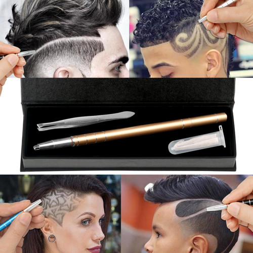 Hair Engraving, MagiForet Hair Tattoo Pen, Hair Razor Pen, Hair Tatoo Trim Styling Face Eyebrow Shaping Device, Hair Engraving Shaver Pen + 10 Blades + Tweezers for Men Women Teens (Golden)