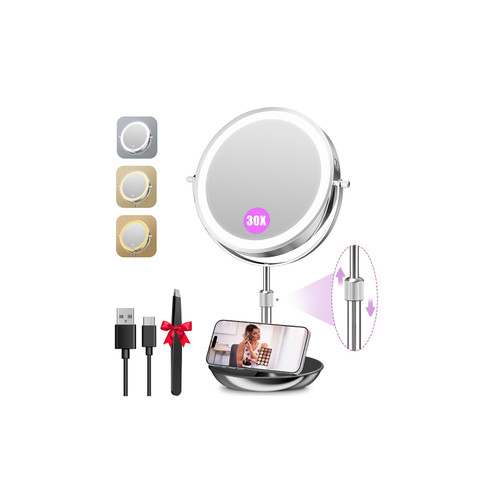Auxmir 9" 1X/30X Lighted Makeup Mirror, Rechargeable Maginfying Mirror
