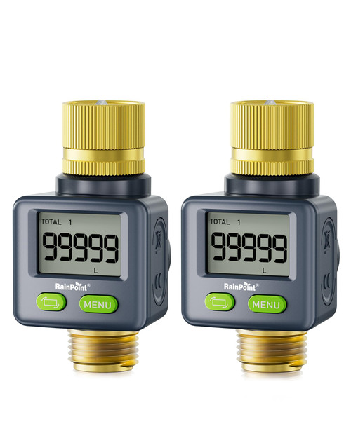 RAINPOINT Water Flow Meter with Brass Inlet & Outlet, 180° Screen-Flip Water Meter, Measure Gallon/Liter Consumption for RV Filling, Garden Watering, Sprinkler and Hoze Nozzle, Gray, 2 pcs
