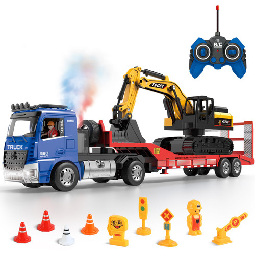 Fistone RC Semi Truck & Friction Powered Excavator Toy Set for Kids, Blue