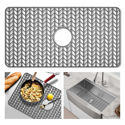GUUKIN Sink Protectors for Kitchen Mat - 29.7“x15.5” Silicone Kitchen Sink Mat Grid for Bottom of Farmhouse Stainless Steel Porcelain with Center Drain（Grey）