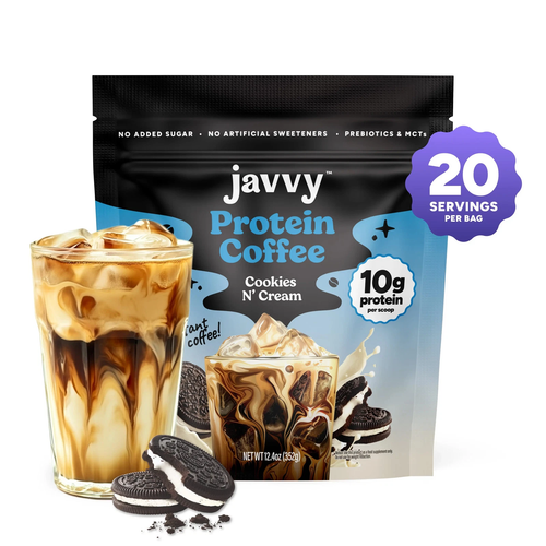 Javvy Cookies N’ Cream Protein Iced Coffee Beverage - Premium Whey Protein, Instant Iced Coffee, 100% Natural Cold Brew - 0 Artificial Flavors, 0 Artificial Sweeteners, 80 Mg Caffeine, No Added Sugar, 20 Servings