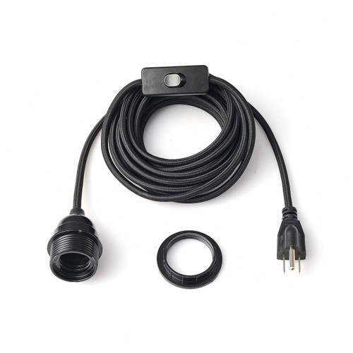 BRIGHTTIA Black Plug-in Swag Pendant Light Fixture - Lamp Shade Ready Hanging E26 Threaded Socket with 15 Feet Cord Set and in-Line Switch - Industrial Vintage DIY Lighting (BP0021-1KP)