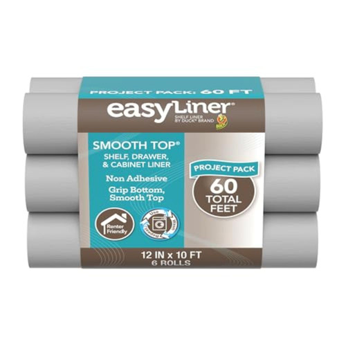 Smooth Top EasyLiner for Cabinets & Drawers, Easy to Install, Shelf Paper & Drawer Liner Non Adhesive, Non Slip Shelf Liner for Pantry, Kitchen Essentials, 12 in x 10 ft (6 Pack), 60 ft, Gray