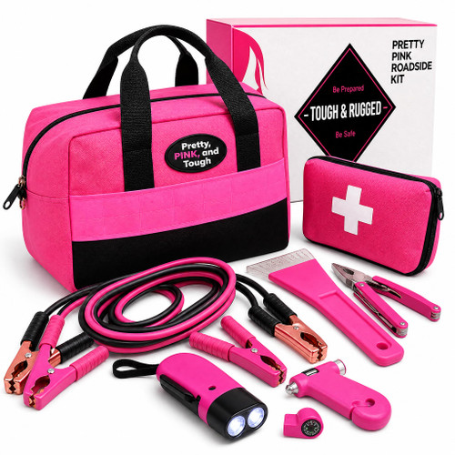 Pretty Pink Roadside Emergency Kit for Women & Teen Girls - Heavy-Duty Jumper Cables, First Aid Kit, Safety Tools, Flashlight, Ice Scraper - Complete Car Safety Bag