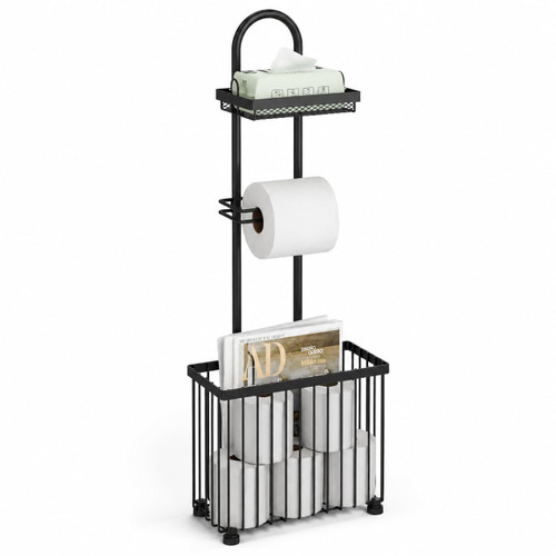 X-cosrack Freestanding Toilet Paper Holder Toilet Tissue Rack Scroll Stand Roll Dispenser with Storage Shelf Reserve for Phone Tablet Magazine Bathroom Organizer Bath Tissue Organizer (Black)